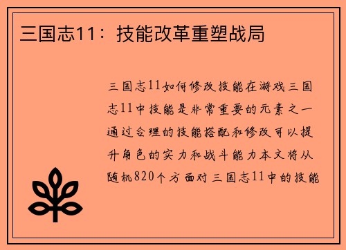 三国志11：技能改革重塑战局